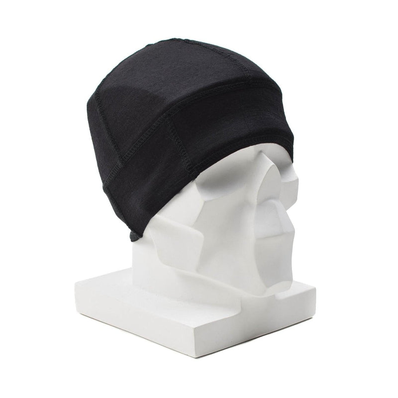 Black military style Merino wool beanie displayed on a white geometric mannequin head for outdoor use.