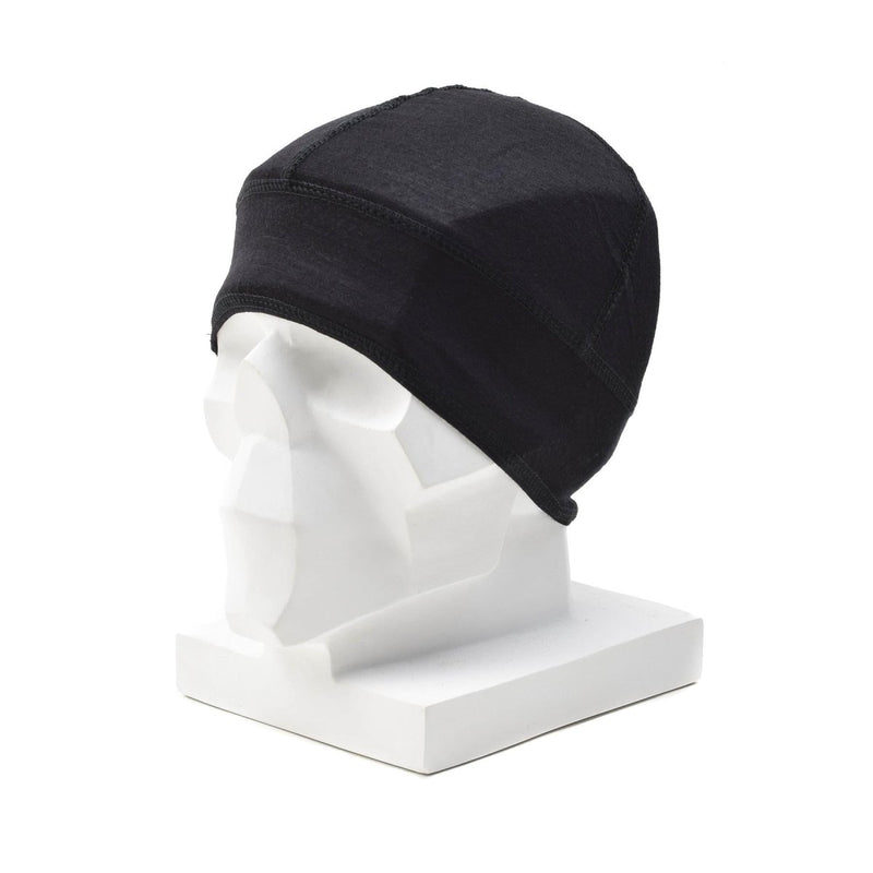Black military style Merino wool beanie on white mannequin head, breathable and warm watch hat for outdoor use