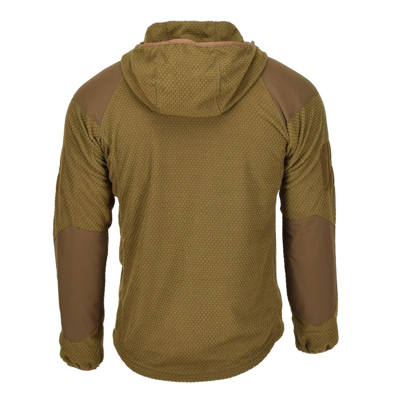 Back view of Blochl Brand military style hooded thermal fleece jacket in coyote with reinforced patches on sleeves and shoulders