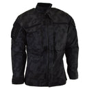 Brand military style combat jacket in ACU ripstop fabric with night camo pattern and multiple pockets for tactical use.