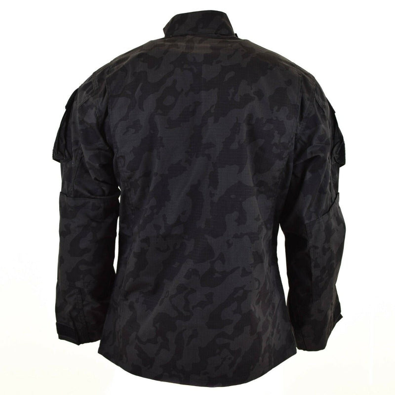 Back view of Brand military style combat jacket in ACU ripstop night camo with pockets and adjustable cuffs