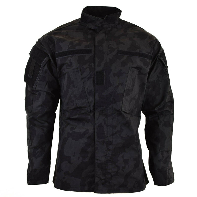 Brand military style combat jacket in ACU ripstop fabric with night camo pattern and multiple pockets.
