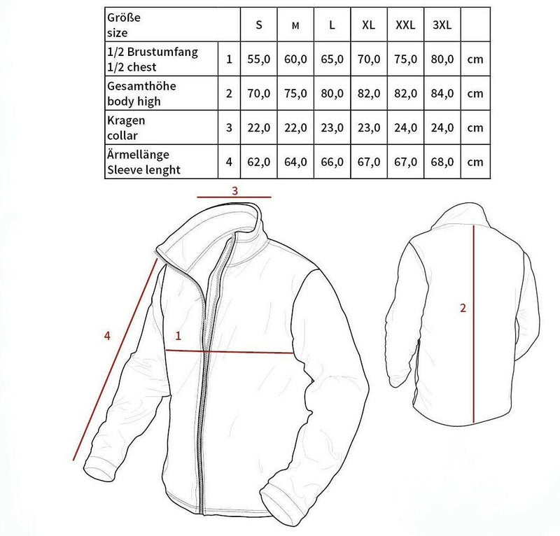 Sizing chart and technical drawing of US style combat jacket in grey camo with measurements for chest, body height, collar, and sleeve length