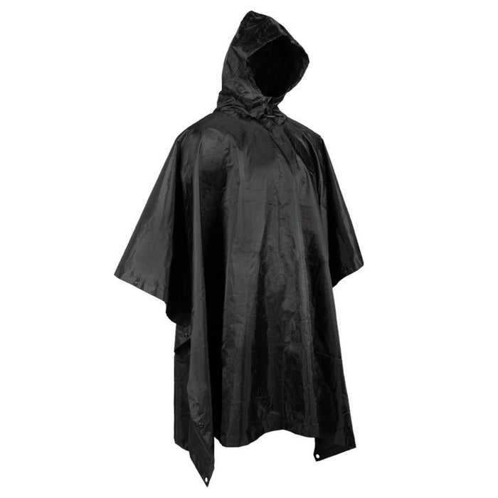 Schwarzer wasserdichter Ripstop-Poncho-Umhang im Army-Stil mit Kapuze, entworfen für Schutz und Tarnung im Freien.