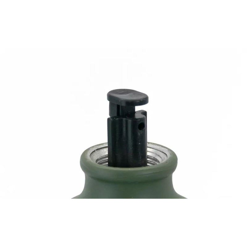 Close-up of the black screw-on nozzle cap on an olive green BRS aluminum 1-liter fuel bottle