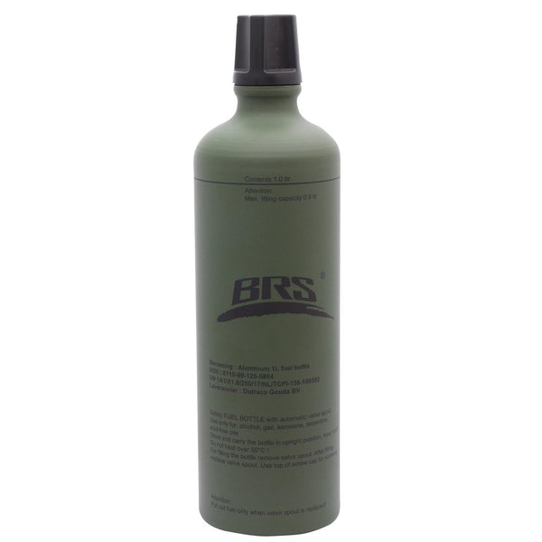 Olive green BRS 1 liter aluminum fuel bottle with screw-on nozzle cap for storing and dispensing liquid fuels