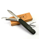 BW German army folding pocket knife with corkscrew, can opener, olive handle, and Bundeswehr eagle emblem.