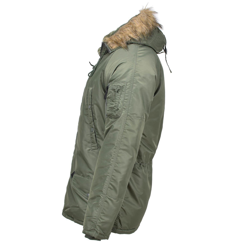 Parka aviateur style militaire américain de marque MIL-TEC N3B avec capuche en fausse fourrure olive NEUF