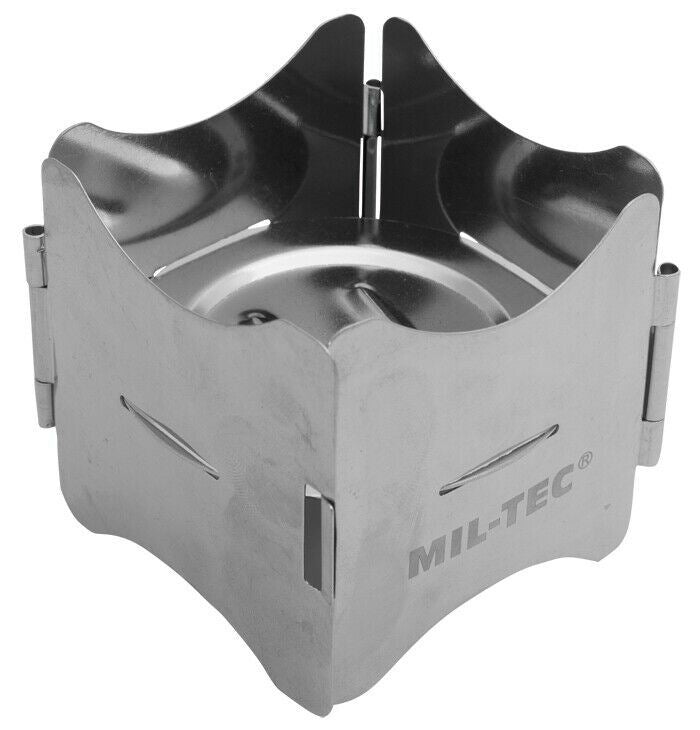 Zusammenklappbarer Campingkocher aus Edelstahl von MIL-TEC mit kompaktem, leichtem Design zum Kochen im Freien und einfacher Montage.