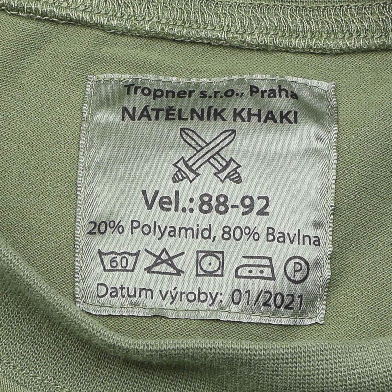 Close-up of the label inside a Czech Military olive long-sleeved shirt showing size and fabric details