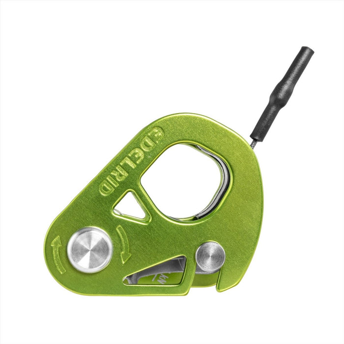 Polea de escalada Edelrid SPOC ligera de aluminio verde con cable integrado para uso profesional en escalada y rescate