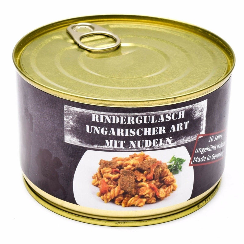 Emergency ration canned Hungarian beef goulash 400g with noodles, long shelf life, high-energy survival food made in Germany.