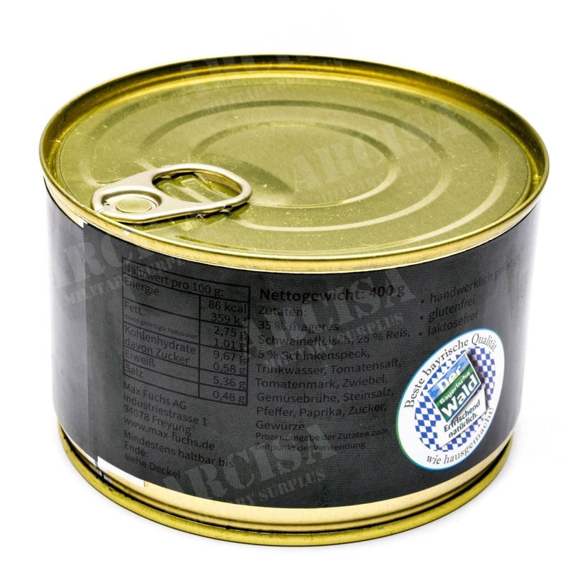 400g can of emergency ration Serbian pork meat with rice survival food, high energy and long-lasting shelf life