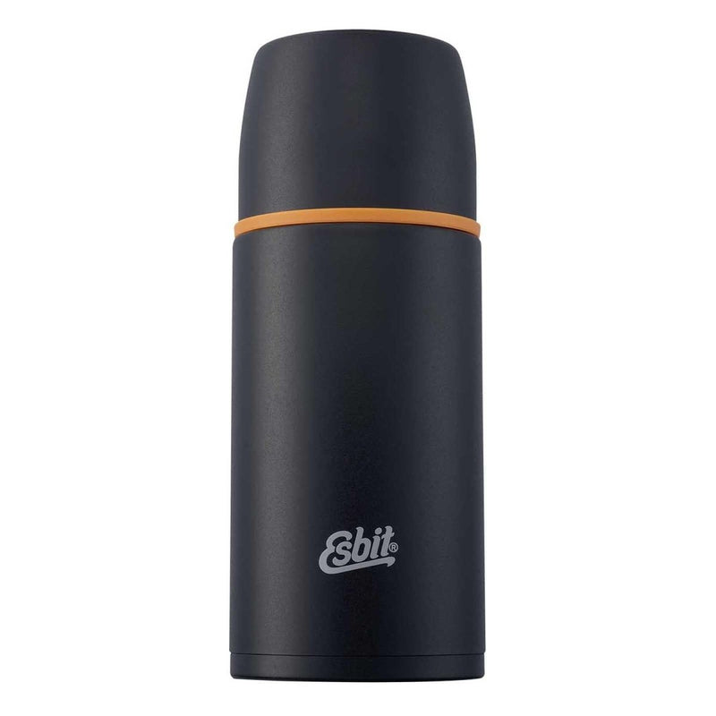 Black ESBIT stainless steel vacuum flask 750ml with 12-hour heat retention and extra mug cap for pouring.