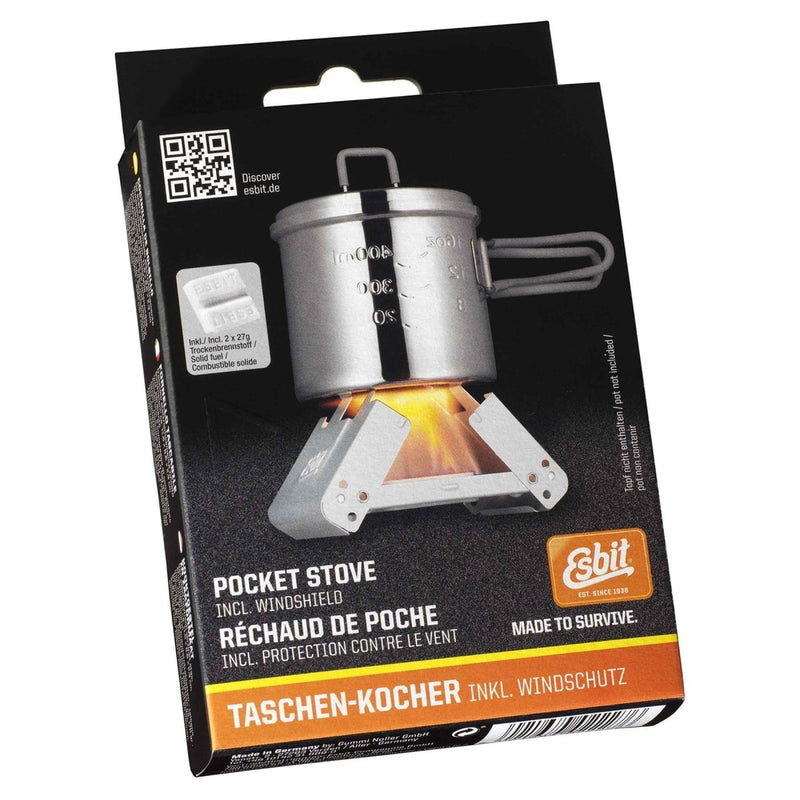 ESBIT foldable pocket cooking stove with windscreen and solid fuel tablets for camping and bushcraft use.