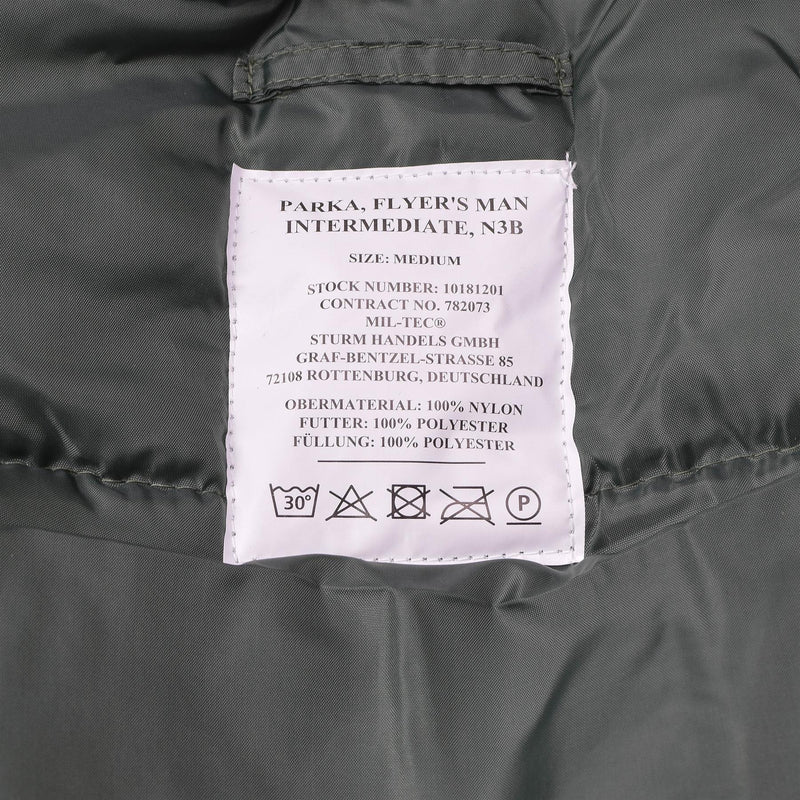 Parka aviateur style militaire américain de marque MIL-TEC N3B avec capuche en fausse fourrure olive NEUF