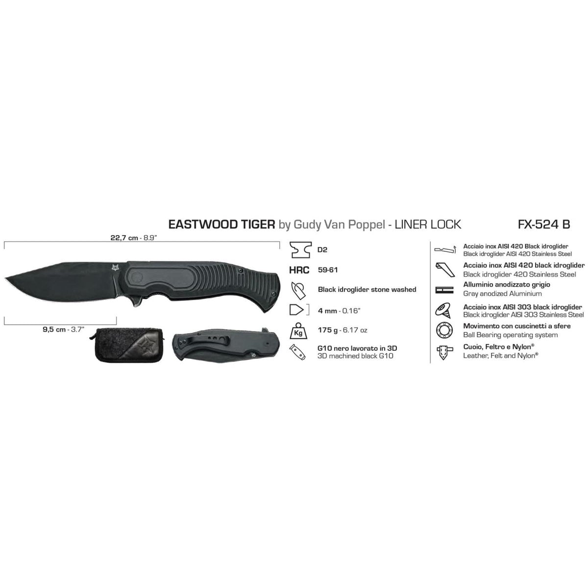 Fox Knives EASTWOOD TIGER couteau de poche haute vitesse D2 acier G10 noir tactique