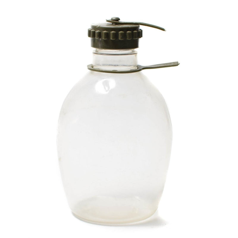 Genuine Austrian Army clear plastic water bottle canteen with black screw top cap for field use and outdoor hydration.