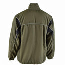 Back view of genuine Austrian army training tracksuit jacket in olive green with elastic cuffs and reflective piping.