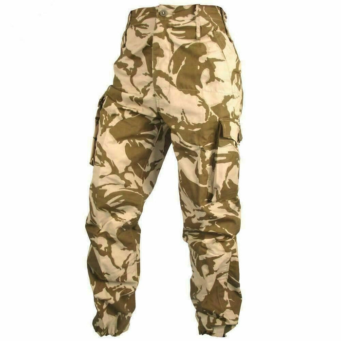 Pantaloni da combattimento mimetici desertici originali dell'esercito britannico con tasche cargo e fondo regolabile per un robusto uso all'aperto