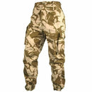 Genuine British Army desert camouflage combat trousers with cargo pockets and adjustable bottoms for rugged outdoor use