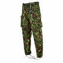 Genuine British army DPM combat trousers with woodland camouflage, reinforced knees, adjustable waist, and cargo pockets.
