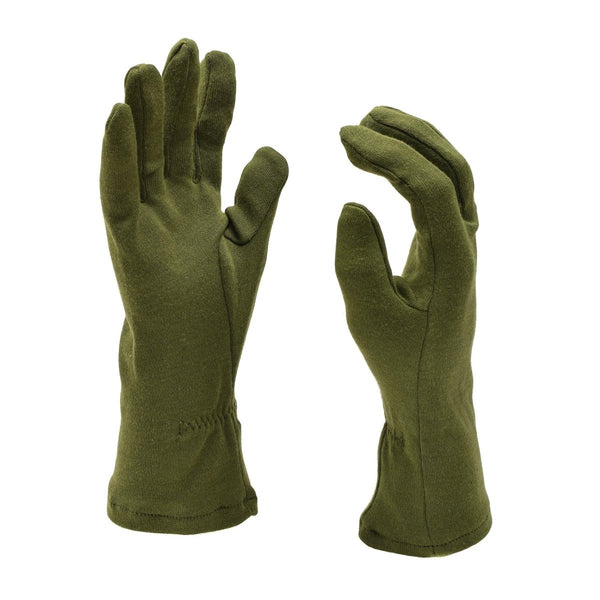 Pair of olive green fire resistant British Army gloves made from wool blend with elasticated wristbands