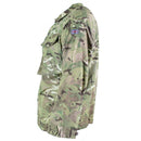 Side view of genuine British Army MTP camouflage combat field jacket with chest pockets and Union Jack patch on sleeve