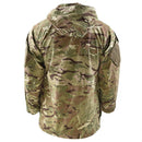 Back view of British army MTP camouflage military combat parka jacket with hood and adjustable waist.