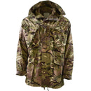 British military MTP camouflage park jacket with hood, four front pockets, and adjustable waist and bottom