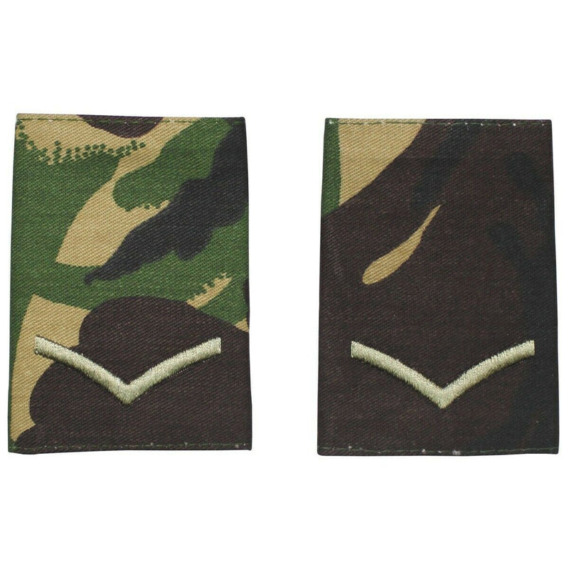 Pair of genuine British Army Lance Corporal shoulder loops in DMP camouflage cloth with embroidered rank insignia.