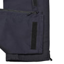 Close-up of blue Genuine British Police waterproof rain trousers with zipper and Velcro fastening details.