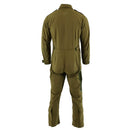 Back view of genuine British Royal Air Forces military surplus coverall jumpsuit in olive green cotton blend fabric