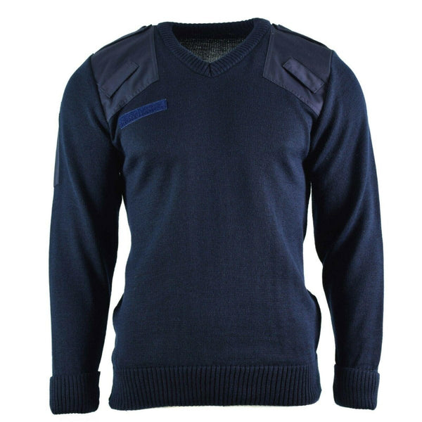 Genuine British military commando blue V-neck sweater with reinforced shoulders and name patch plate for men