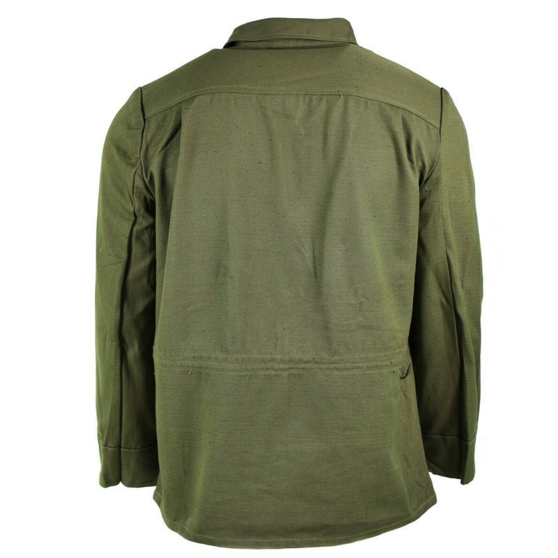Genuine Bulgarian army field jacket in olive drab, shown from the back with long sleeves and durable fabric.