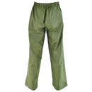 Vintage genuine Danish army olive green waterproof rain trousers with elastic waist and hook loop closure