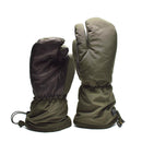 Pair of genuine Danish army trigger finger mittens in olive drab with reinforced leather palms and adjustable cuffs.