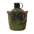 Genuine Dutch Army canteen with camouflage pouch, black cap, and ALICE clips for rugged outdoor use.