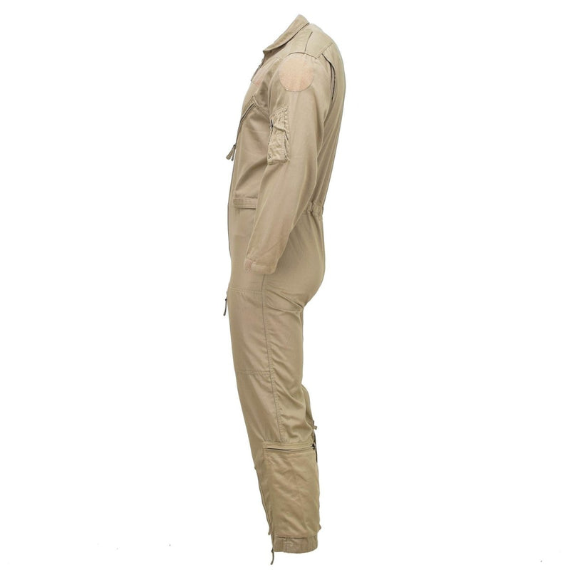 Side view of khaki flame-resistant aramid Dutch Army coverall jumpsuit with zippered pockets and military design