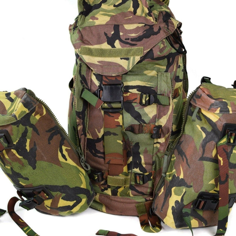 Dutch army DPM woodland camouflage 40L tactical rucksack backpack with multiple compartments and secure buckle closures.