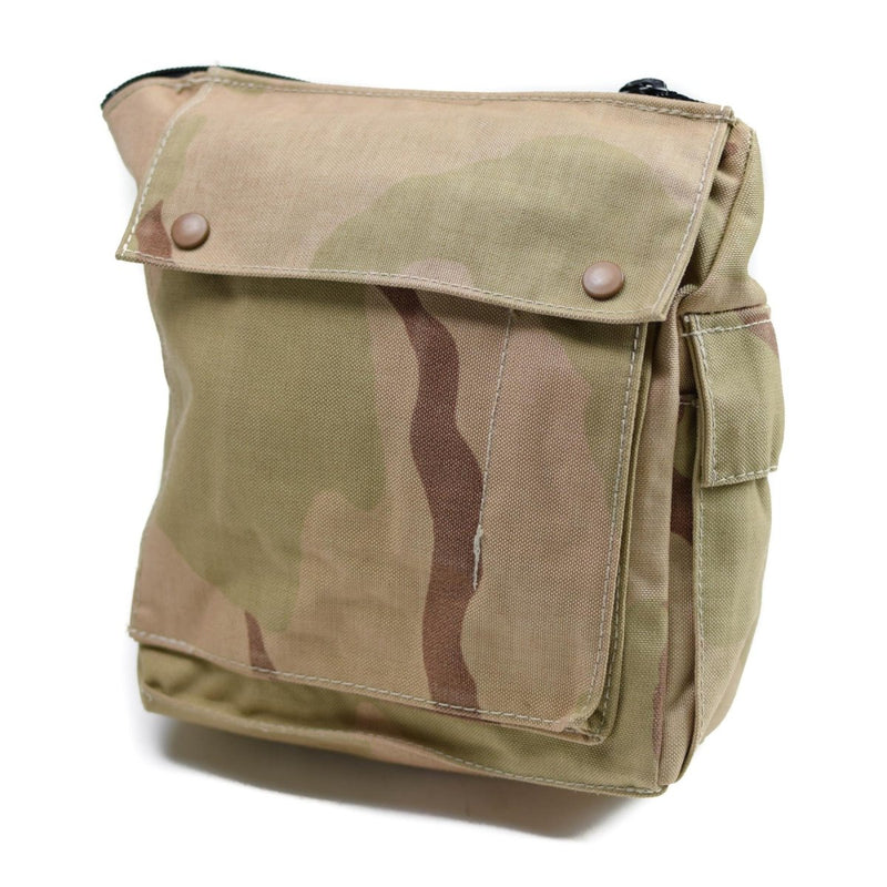 Genuine Dutch Army desert camo gas mask bag with shoulder strap and secure buckle, military surplus vintage pouch.