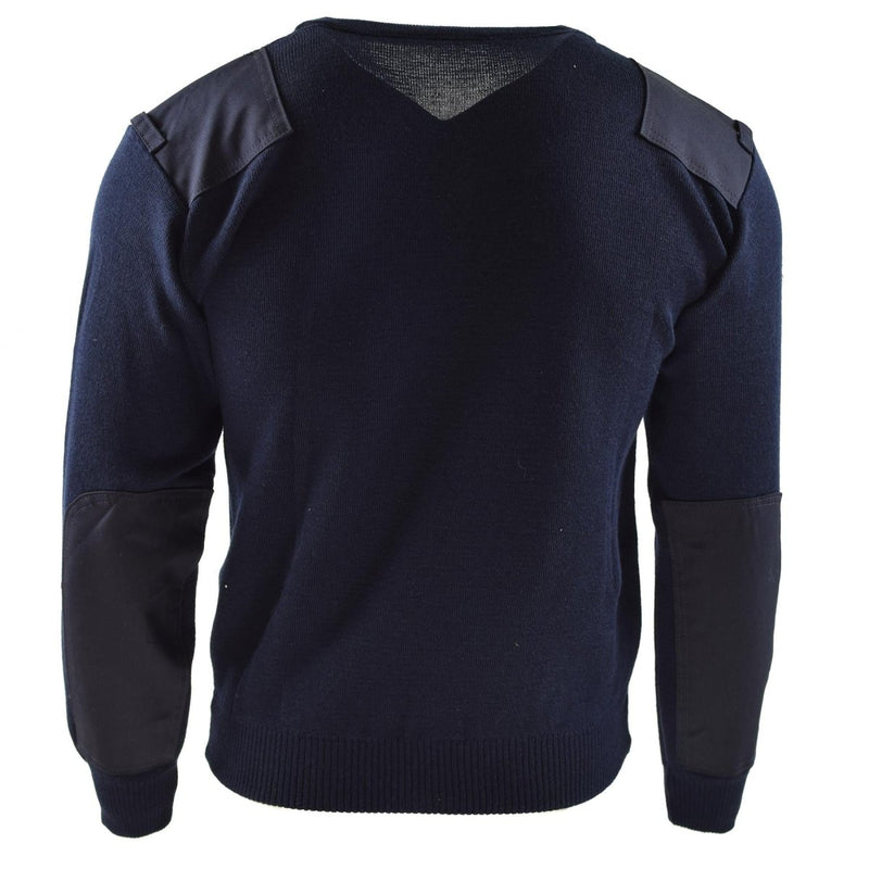 Dark blue genuine Dutch army sweater with reinforced shoulders and elbows, round neck military pullover back view.
