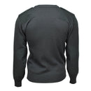 Back view of a dark green Genuine Dutch Army Commando Jumper V-neck military sweater pullover with shoulder and elbow patches.