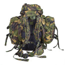 Back view of Genuine Dutch Military 60L DPM camouflage tactical rucksack with removable side pockets and padded straps