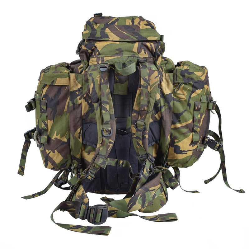 Back view of Genuine Dutch Military 60L DPM camouflage tactical rucksack with removable side pockets and padded straps