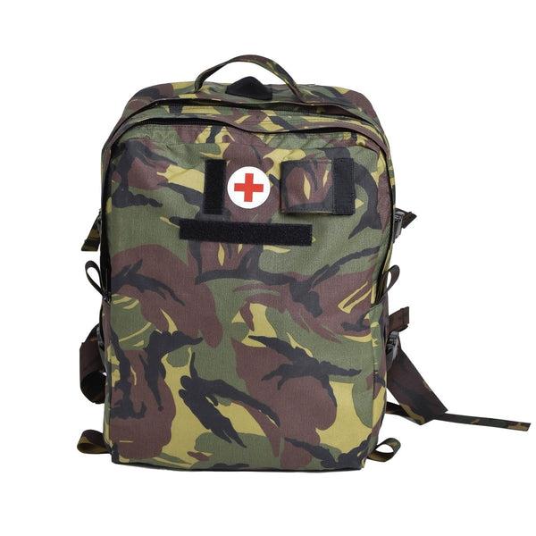 Genuine Dutch military medic backpack in waterproof DPM camo with first aid symbol and durable Cordura fabric.