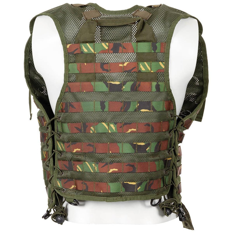 Dutch Military Tactical vest with 7 modular MOLLE pouches in woodland DMP camouflage, breathable mesh design.