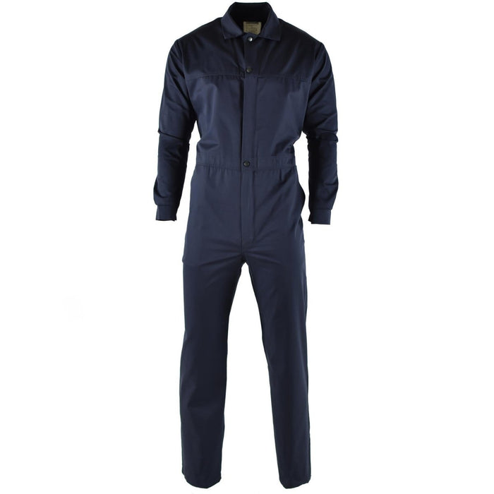 Echte Nederlandse marineblauwe legeroverall jumpsuit met lange mouwen en knopen aan de voorkant, ideaal voor buitenwerk en -activiteiten.