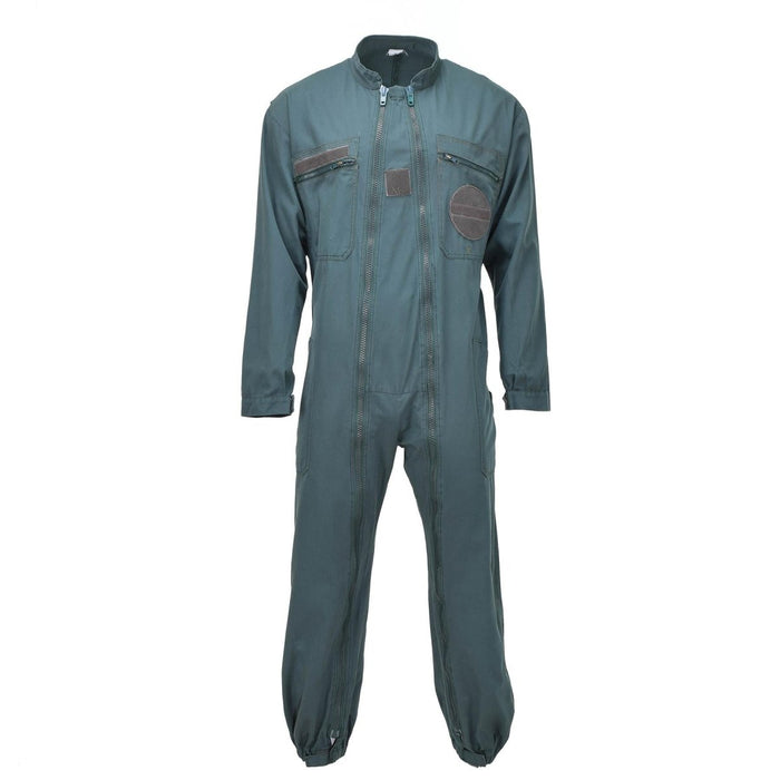 Echte olijfgroene mechanische jumpsuit van de Franse luchtmacht met dubbele ritssluiting, zakken en elastische manchetten en taille.