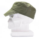 Genuine French Army F1 cap in olive green with vent holes and a sturdy visor on a white mannequin head